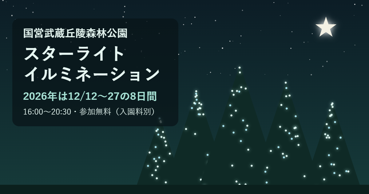 夜の森の木々に光がともり、星が輝くイラスト。国営武蔵丘陵森林公園スターライトイルミネーション、2026年は12月12日〜27日の8日間、16時〜20時30分、参加無料（入園料別）