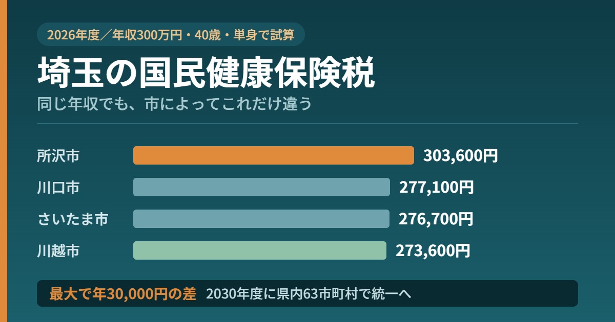 年収300万円40歳単身で試算した埼玉4市の国民健康保険税。所沢市303,600円、川口市277,100円、さいたま市276,700円、川越市273,600円