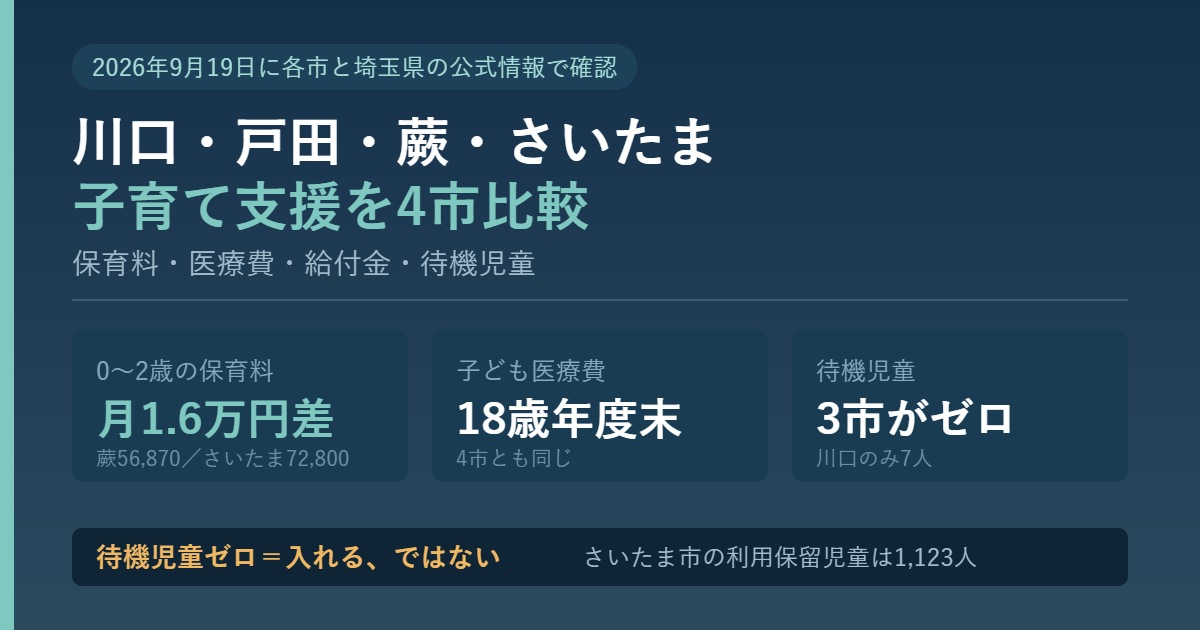 4市の保育料・子ども医療費・待機児童数を比較した図