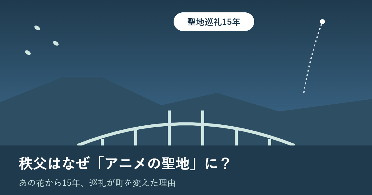 夜の山並みとアーチ橋、打ち上がる花火の軌跡を図形で描いたイラスト