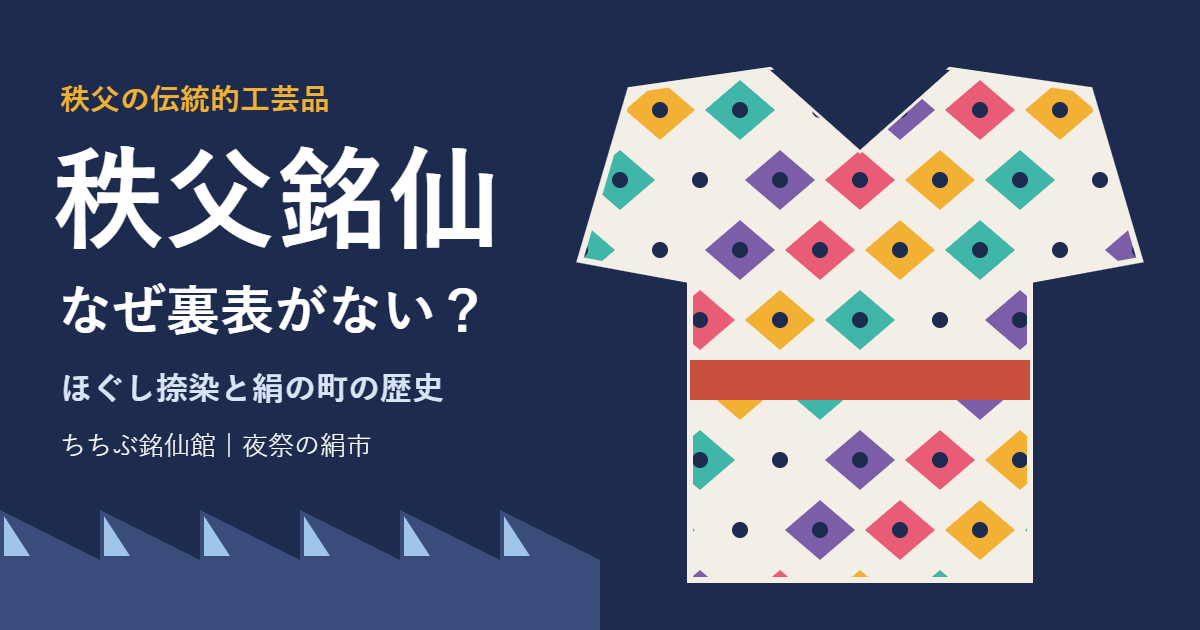 秩父銘仙のアイキャッチ。大胆な幾何学柄の着物とのこぎり屋根の織物工場、「秩父銘仙 なぜ裏表がない？」の文字
