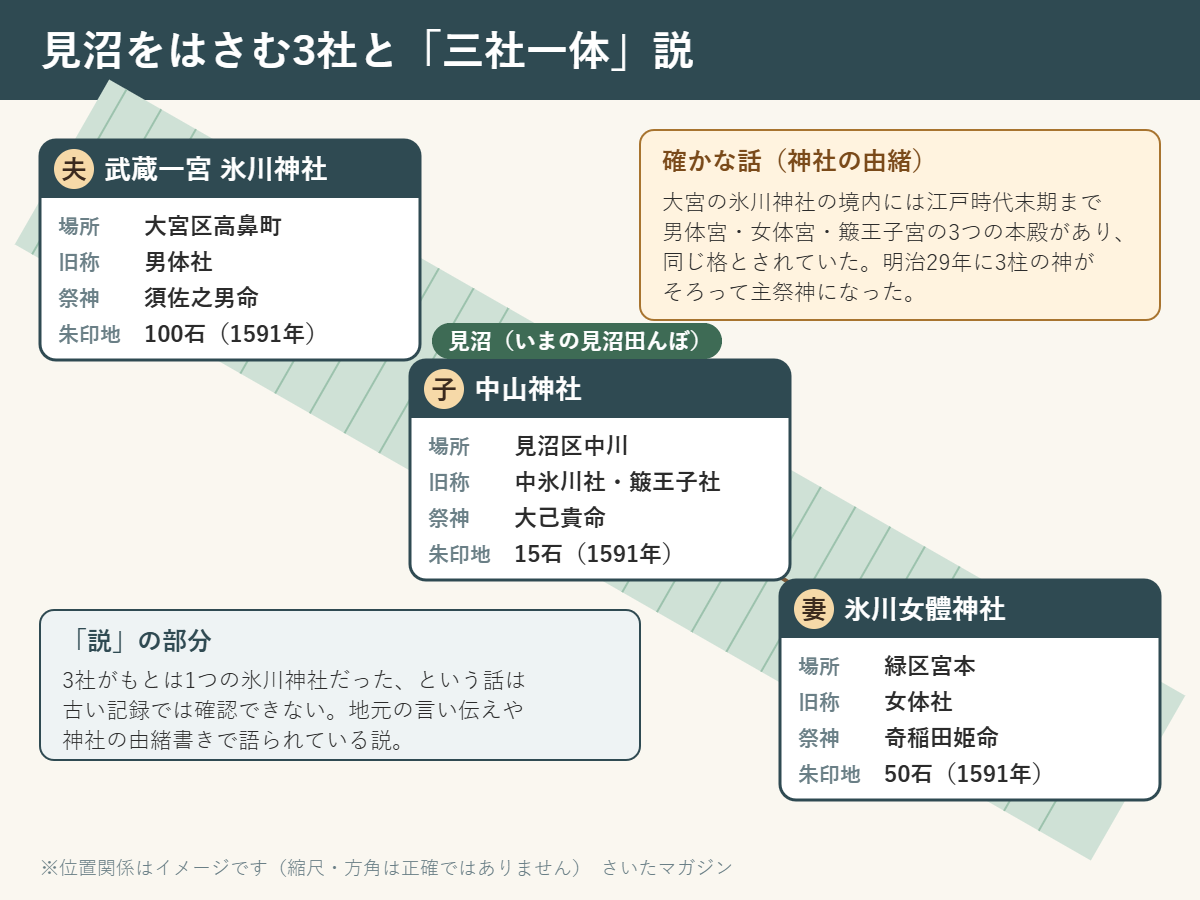 見沼田んぼをはさんで西北西から東南東へ、武蔵一宮氷川神社（夫・大宮区高鼻町・須佐之男命・朱印地100石）、中山神社（子・見沼区中川・大己貴命・15石）、氷川女體神社（妻・緑区宮本・奇稲田姫命・50石）が並ぶ位置関係の図。大宮の氷川神社には江戸時代末期まで3つの本殿があったこと、三社一体は古い記録では確認できない説であることも添えている