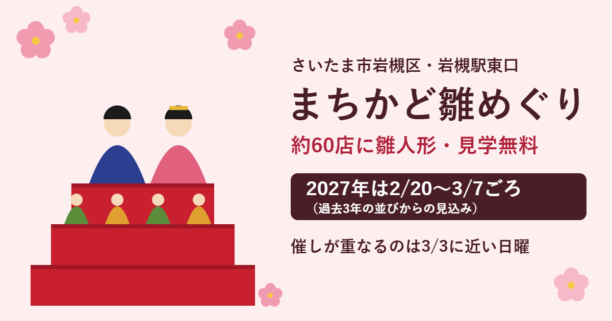 赤い段飾りと雛人形のイラストに、岩槻のまちかど雛めぐりは2027年2月20日〜3月7日ごろの見込みと書いたアイキャッチ