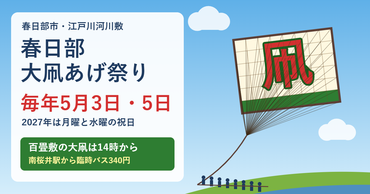 青空に揚がる大きな凧と綱を引く人たちのイラストに、春日部大凧あげ祭りは毎年5月3日・5日、百畳敷の大凧は14時からと書いたアイキャッチ