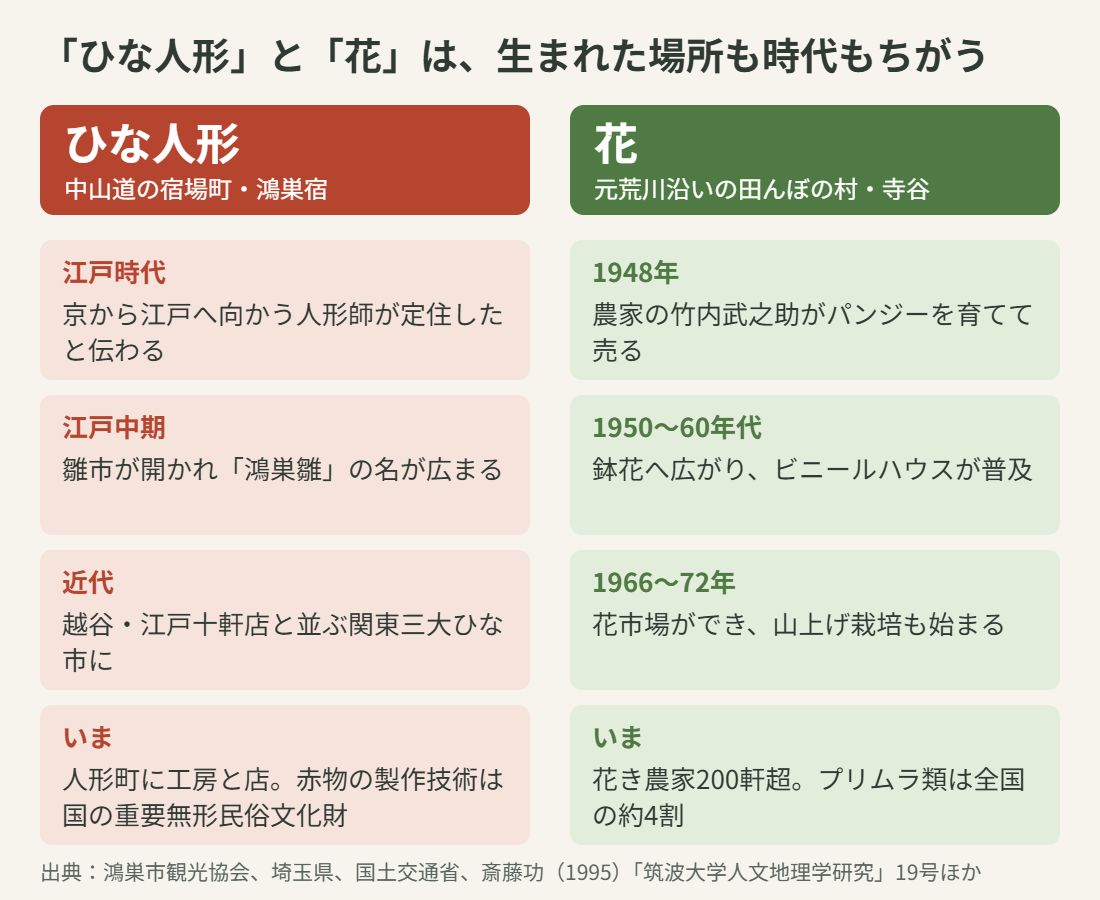 鴻巣のひな人形と花の歴史の比較図。ひな人形は中山道の宿場町・鴻巣宿で江戸時代から、花は元荒川沿いの寺谷で1948年のパンジーから始まった