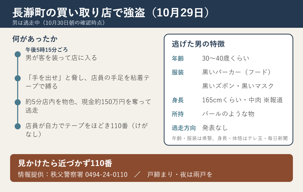 長瀞町の買い取り店強盗（10月29日）の経緯と逃げた男の特徴。午後5時15分ごろ男が客を装って入店、店員の手足を粘着テープで縛り約5分物色、現金約150万円を奪って逃走、店員が自力でほどき110番（けがなし）。男は30〜40歳くらい、黒いパーカーのフード・黒いズボン・黒いマスク、身長165cmくらい中肉（報道）、バールのような物。見かけたら近づかず110番、秩父警察署0494-24-0110