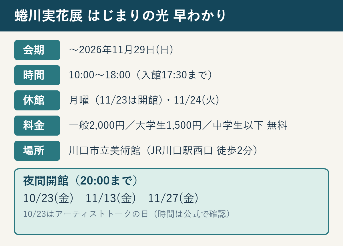 蜷川実花展はじまりの光の早わかり。11/29まで、10時〜18時、一般2,000円、夜間開館は10/23・11/13・11/27