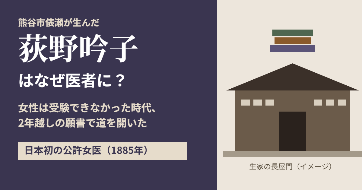 荻野吟子はなぜ医者に？熊谷市俵瀬が生んだ日本初の公許女医（1885年）。女性は受験できなかった時代、2年越しの願書で道を開いた。生家の長屋門のイメージイラスト