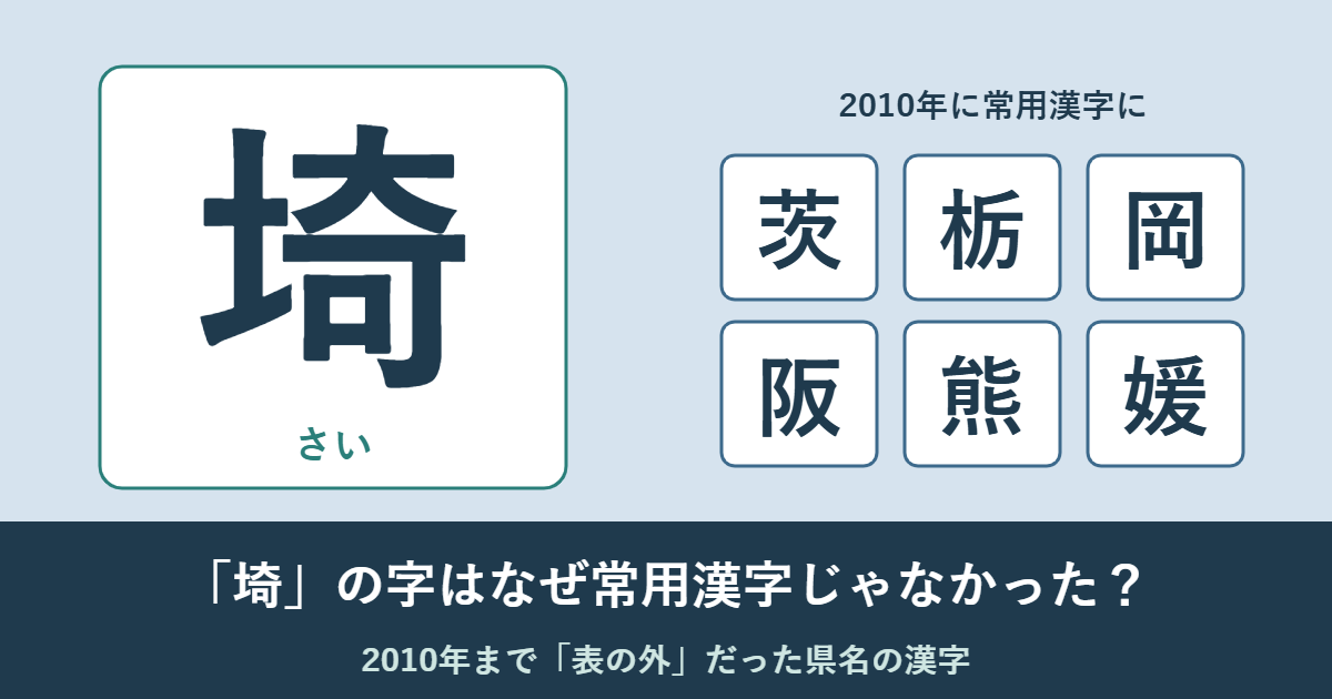 大きな埼の字と、2010年に常用漢字に加わった茨・栃・岡・阪・熊・媛の字を並べた図