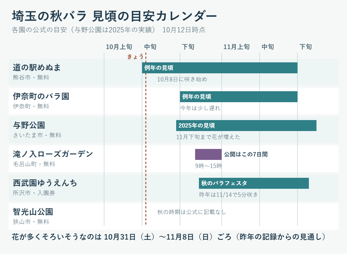 埼玉の秋バラ6か所の見頃の目安を横棒で並べたカレンダー。道の駅めぬまは10月中旬〜11月中旬(10月8日に咲き始め)、伊奈町のバラ園は10月下旬〜11月中旬(今年は少し遅れ)、与野公園は2025年に10月下旬〜11月下旬まで花が増えた、滝ノ入ローズガーデンは10月25日〜31日だけ公開、西武園ゆうえんちの秋のバラフェスタは10月26日〜11月23日、智光山公園は秋の時期の記載なし。花が多くそろいそうなのは10月31日〜11月8日ごろ。
