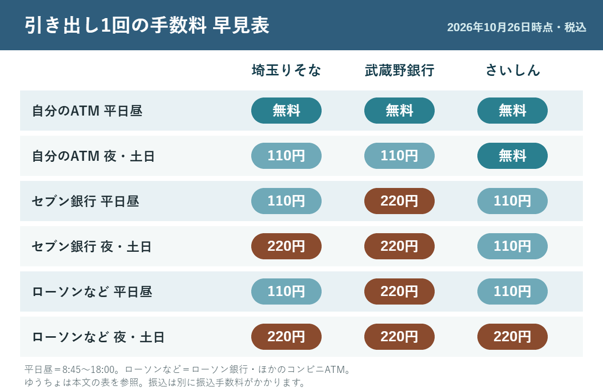 引き出し1回の手数料の早見表。自分のATMの平日昼は3行とも無料、夜・土日はりそなと武蔵野が110円でさいしんは無料。セブン銀行は夜・土日でりそなと武蔵野が220円、さいしんは終日110円