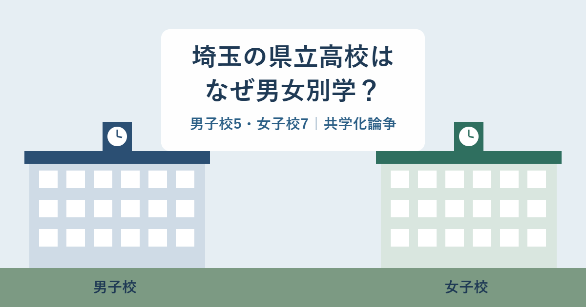 並んだ2つの校舎のイラスト。埼玉の県立高校はなぜ男女別学？ 男子校5・女子校7の文字