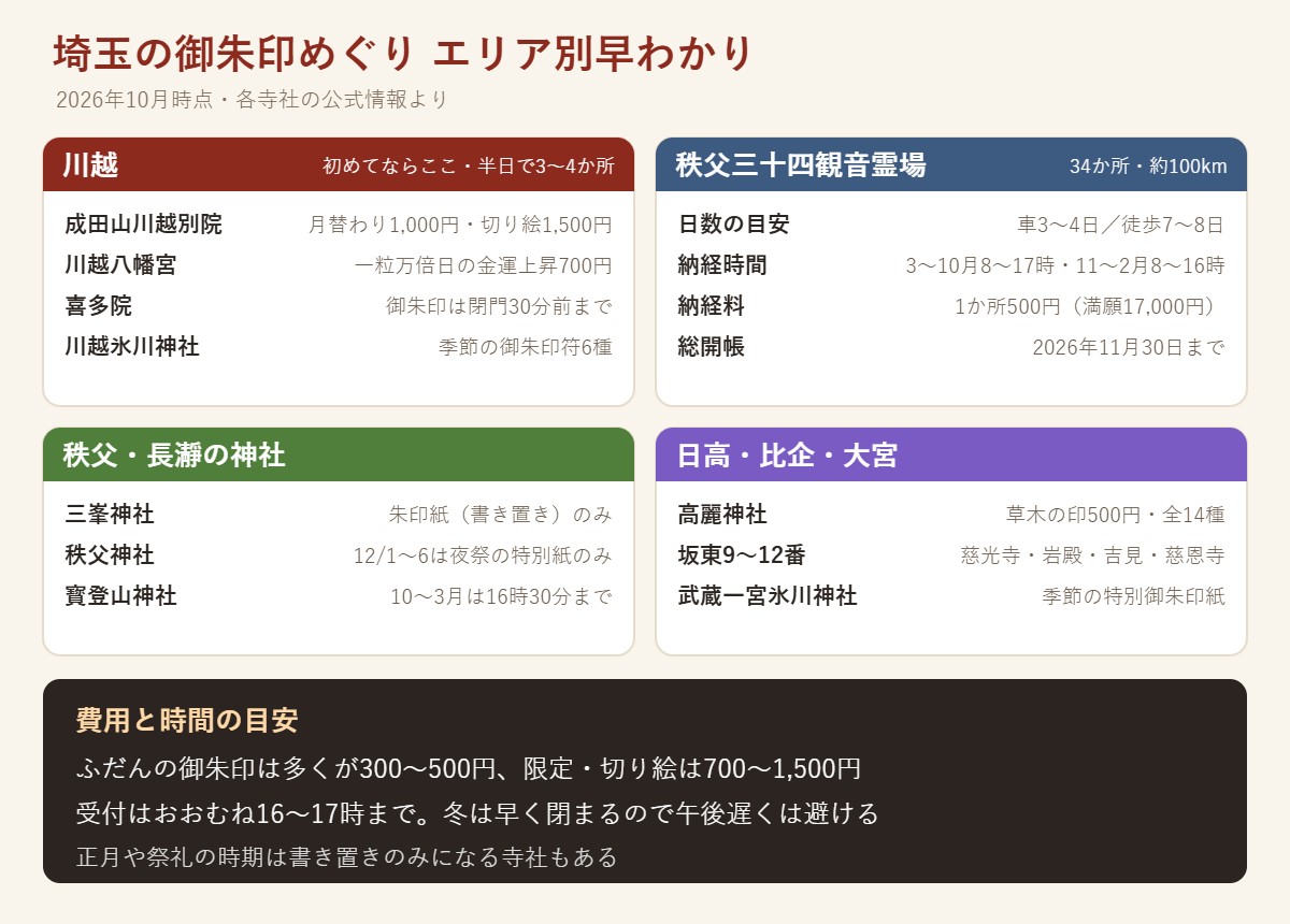 埼玉の御朱印めぐりエリア別早わかり:川越は成田山川越別院(月替わり1,000円・切り絵1,500円)、川越八幡宮、喜多院、川越氷川神社で半日3〜4か所。秩父三十四観音霊場は34か所約100km、車3〜4日・徒歩7〜8日、納経1か所500円で満願17,000円。三峯神社は書き置きのみ、秩父神社は12月1〜6日夜祭の特別紙のみ。高麗神社は草木の印500円全14種。ふだんの御朱印は多くが300〜500円、受付はおおむね16〜17時まで。