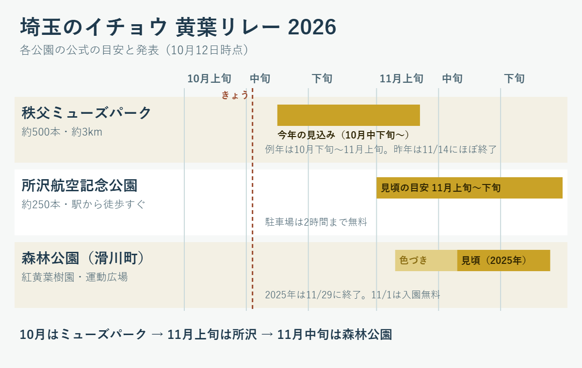 埼玉のイチョウ3か所の黄葉の時期を並べた図。秩父ミューズパーク（約500本・約3km）は今年10月中下旬からの見込みで、例年は10月下旬〜11月上旬、昨年は11月14日にほぼ終了。所沢航空記念公園（約250本）は11月上旬〜下旬が目安で駐車場は2時間まで無料。森林公園は2025年に11月4日色づき、11月14日見頃、11月29日終了で、11月1日は入園無料。