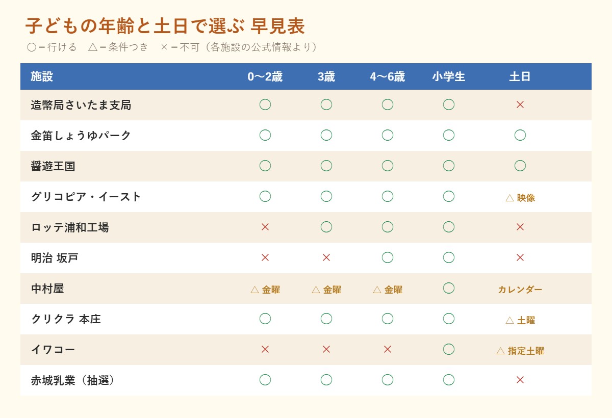 子どもの年齢と土日で選ぶ早見表：造幣局は全年齢可・土日不可、金笛しょうゆパークと醤遊王国は全年齢・土日可、グリコピアは全年齢・土日はポッキーが映像、ロッテは3歳から・土日不可、明治は4歳から・土日不可、中村屋は未就学児は金曜のみ、クリクラは全年齢・土曜可、イワコーは小学生以上・指定土曜、赤城乳業は抽選・土日不可。