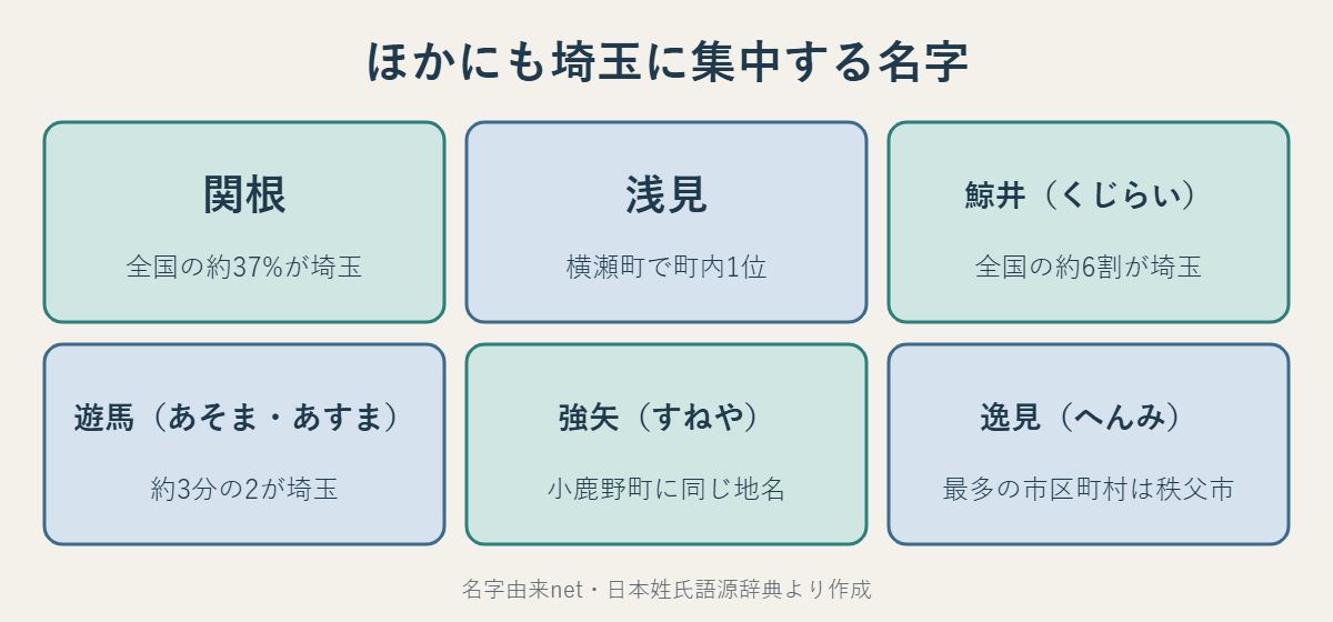 関根・浅見・鯨井・遊馬・強矢・逸見など埼玉に集中する名字を紹介した図