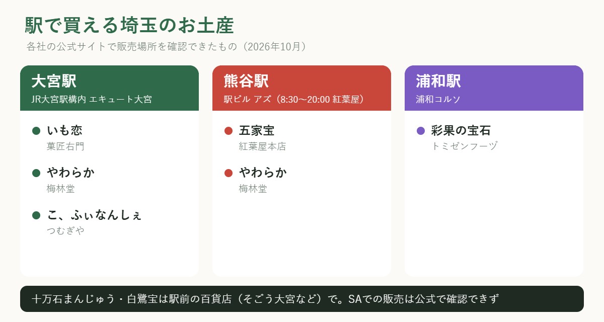 駅で買える埼玉のお土産:大宮駅構内のエキュート大宮でいも恋(菓匠右門)・やわらか(梅林堂)・こ、ふぃなんしぇ(つむぎや)、熊谷駅ビルのアズで五家宝(紅葉屋本店)・やわらか、浦和コルソで彩果の宝石。十万石まんじゅうと白鷺宝は駅前の百貨店(そごう大宮など)で。