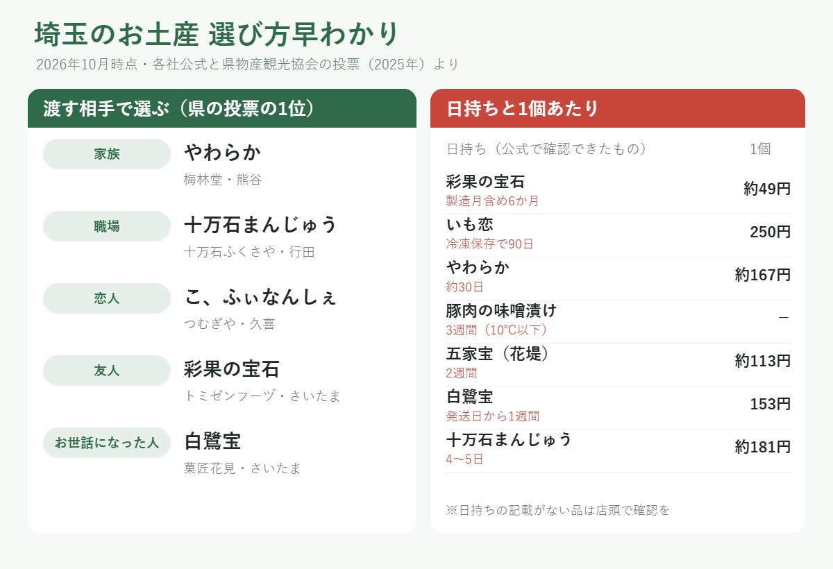 埼玉のお土産 選び方早わかり:県の投票の1位は家族にやわらか(梅林堂)、職場に十万石まんじゅう、恋人にこ、ふぃなんしぇ(つむぎや)、友人に彩果の宝石、お世話になった人に白鷺宝(菓匠花見)。日持ちは彩果の宝石が製造月含め6か月(1個約49円)、いも恋が冷凍保存で90日(250円)、やわらか約30日(約167円)、豚肉の味噌漬け3週間、五家宝(花堤)2週間(約113円)、白鷺宝1週間(153円)、十万石まんじゅう4〜5日(約181円)。