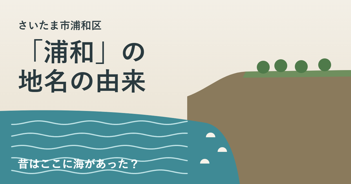 波が打ち寄せる入り江と、林のある台地のイラストに「浦和」の地名の由来の文字